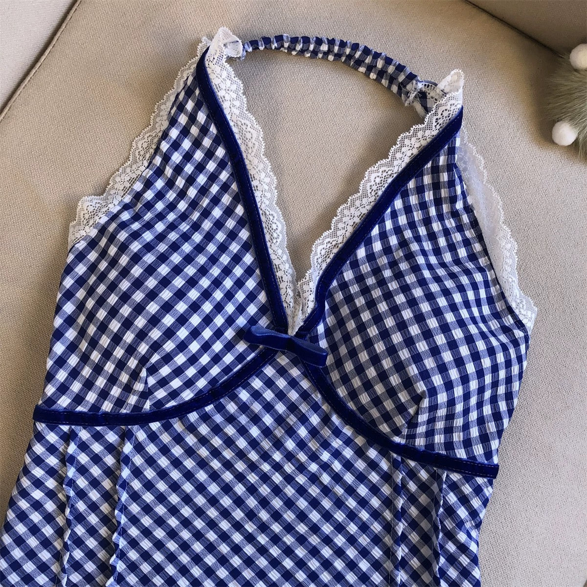 Check Halter Neck Built-In Bra Top